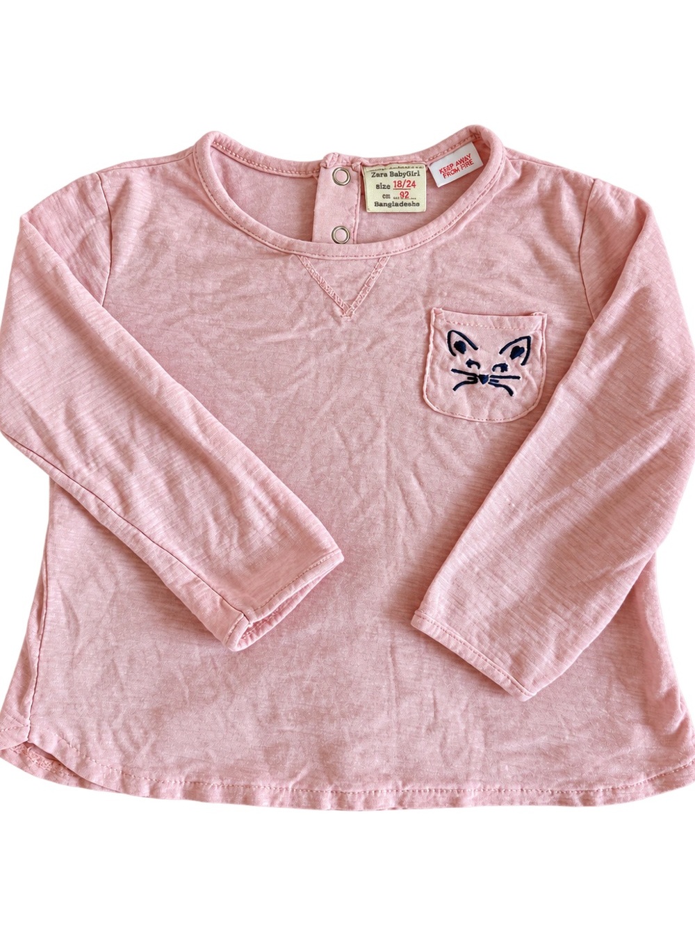 Zara BabyGirl Pink Cat Pocket Long Sleeve Top 18-24M
